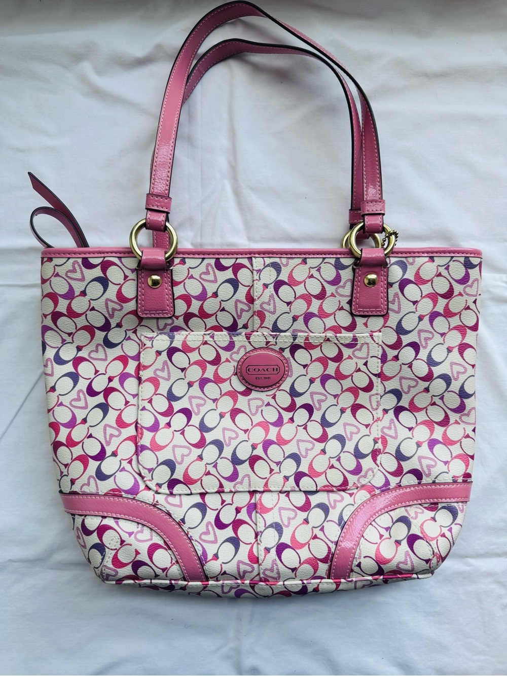 Coach Pink and Purple Signature Heart-Pattern Tote